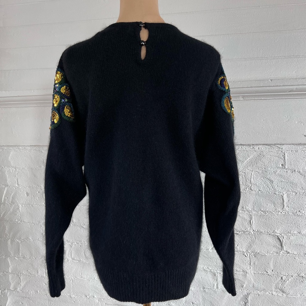 I.B. Diffusion Floral Sequined Silk Angora Sweater Black Fuzzy Vintage 90’s - Picture 7 of 15